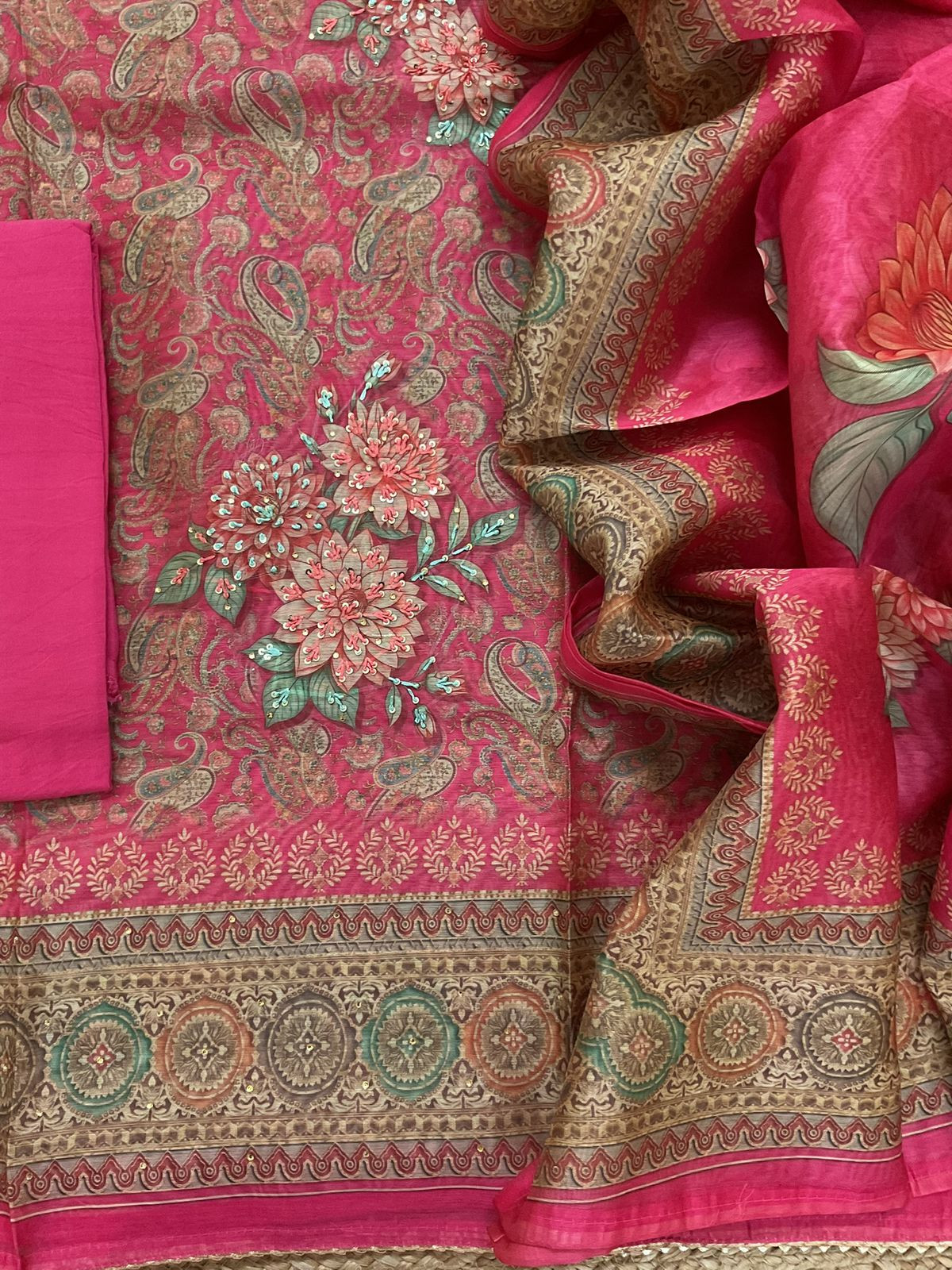 Soft Kora Chanderi Printed Embroidered Suit - Pink