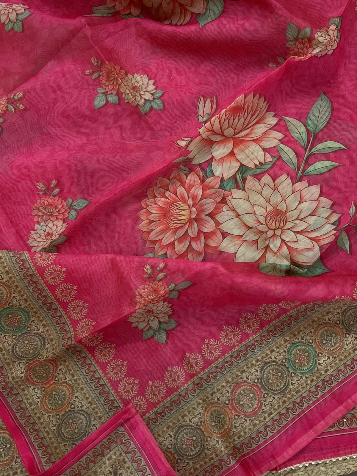 Soft Kora Chanderi Printed Embroidered Suit - Pink