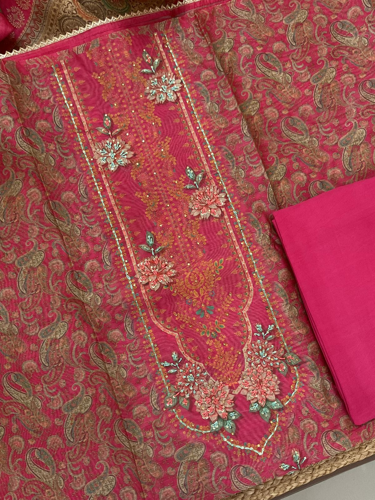 Soft Kora Chanderi Printed Embroidered Suit - Pink