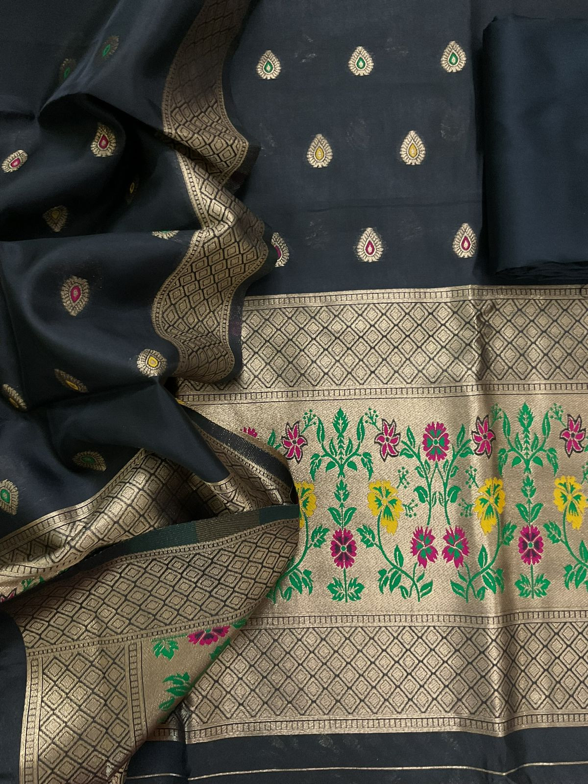 Soft Silk Paithani Styled Weaved Suit - Black