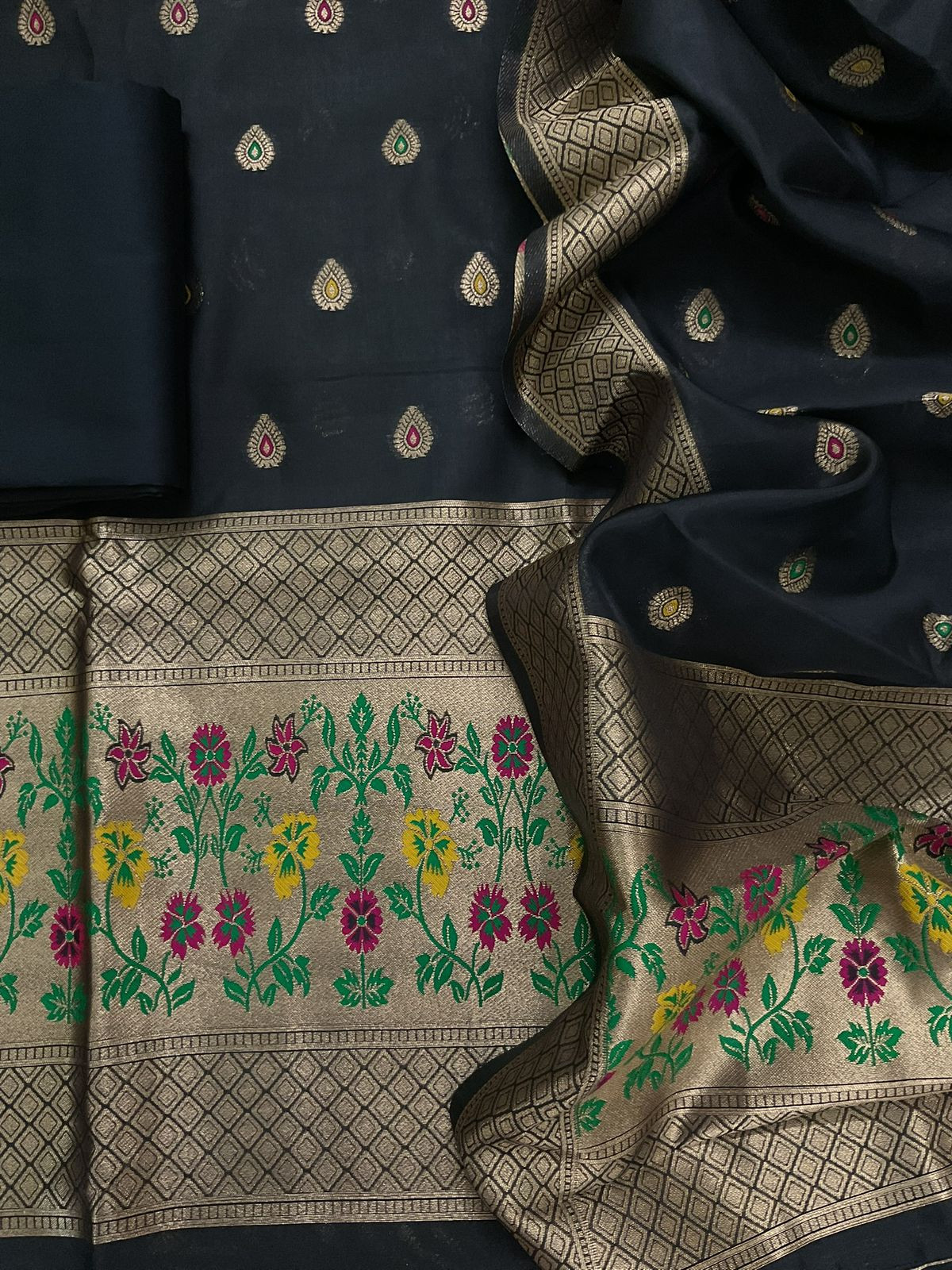 Soft Silk Paithani Styled Weaved Suit - Black