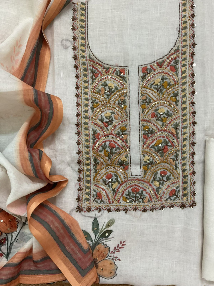 Image of Soft Linen Jute Cotton Printed Embroidered Suit - Off White