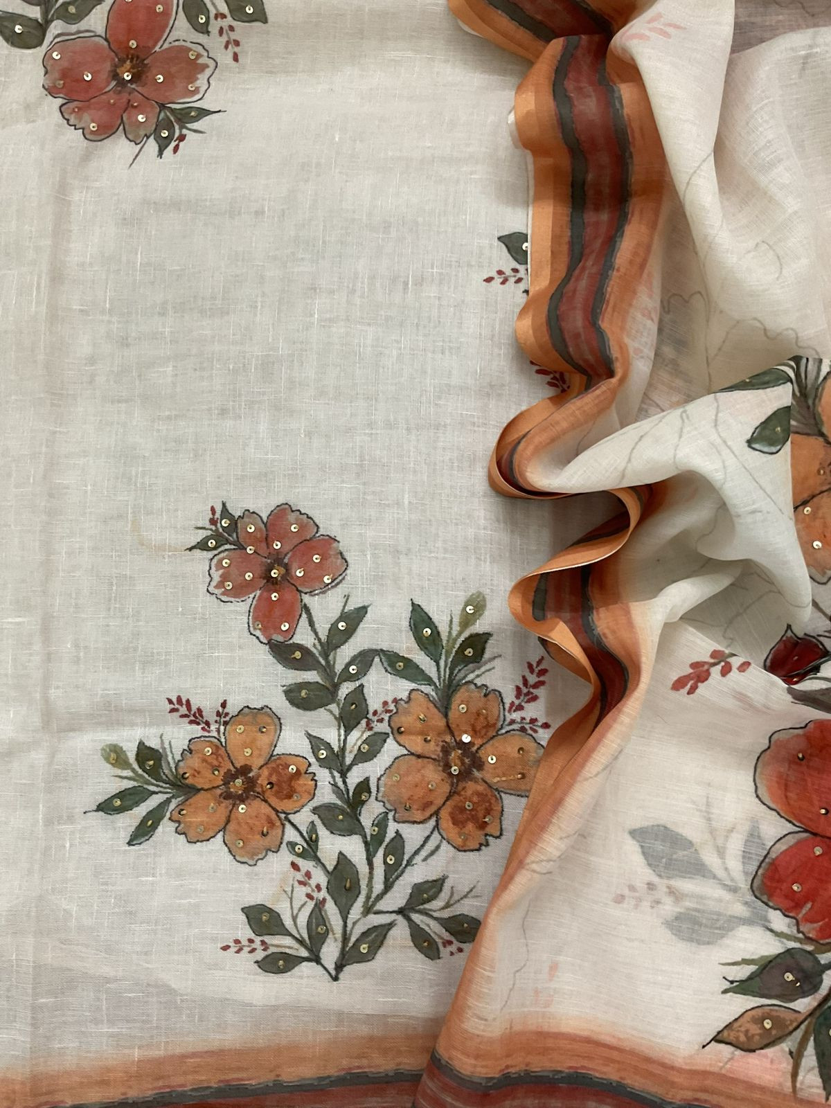 Soft Linen Jute Cotton Printed Embroidered Suit - Off White