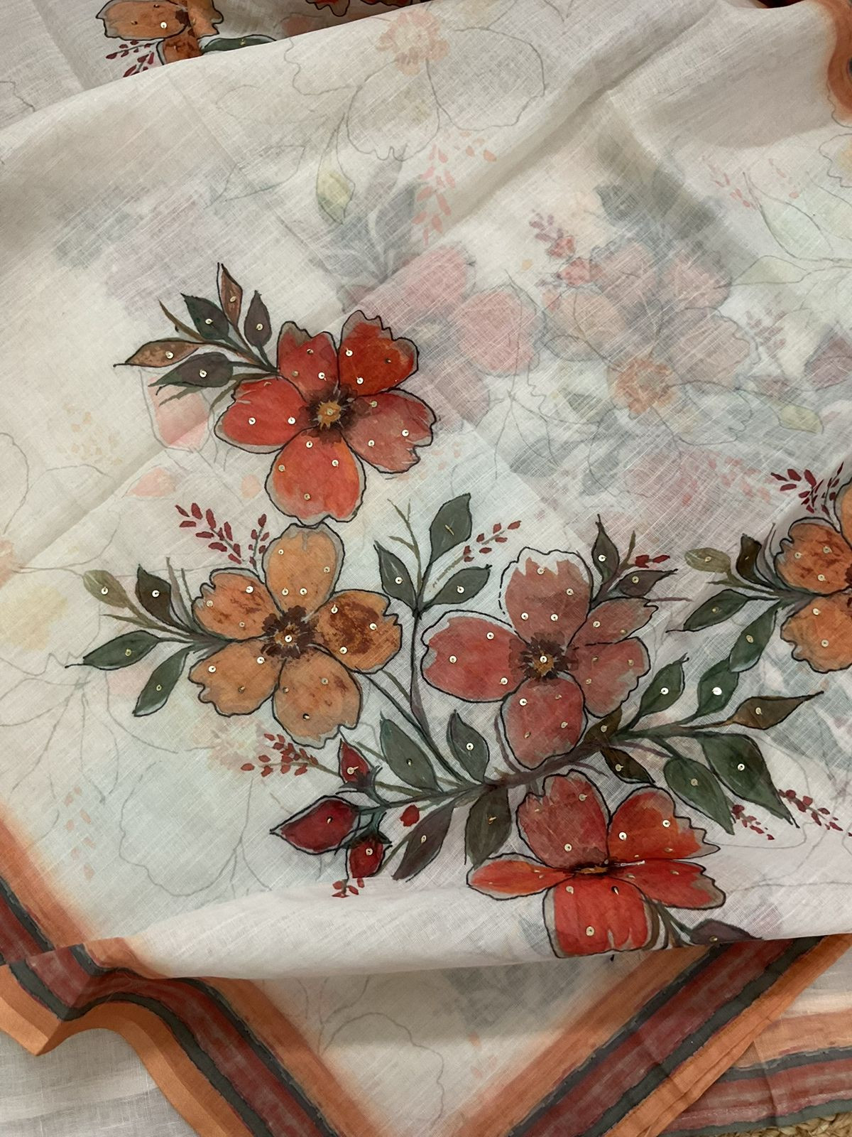 Soft Linen Jute Cotton Printed Embroidered Suit - Off White