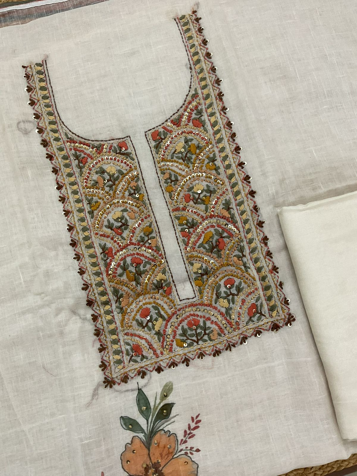 Soft Linen Jute Cotton Printed Embroidered Suit - Off White