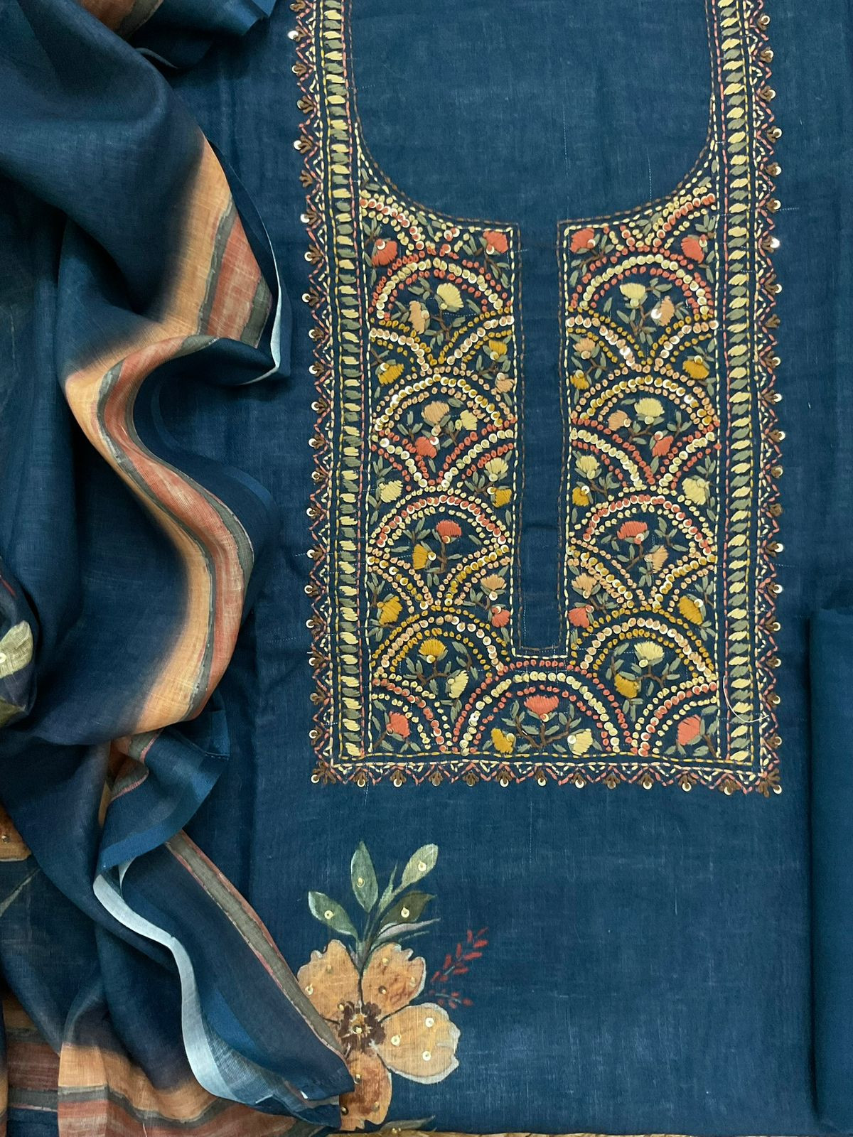 Soft Linen Jute Cotton Printed Embroidered Suit - Blue