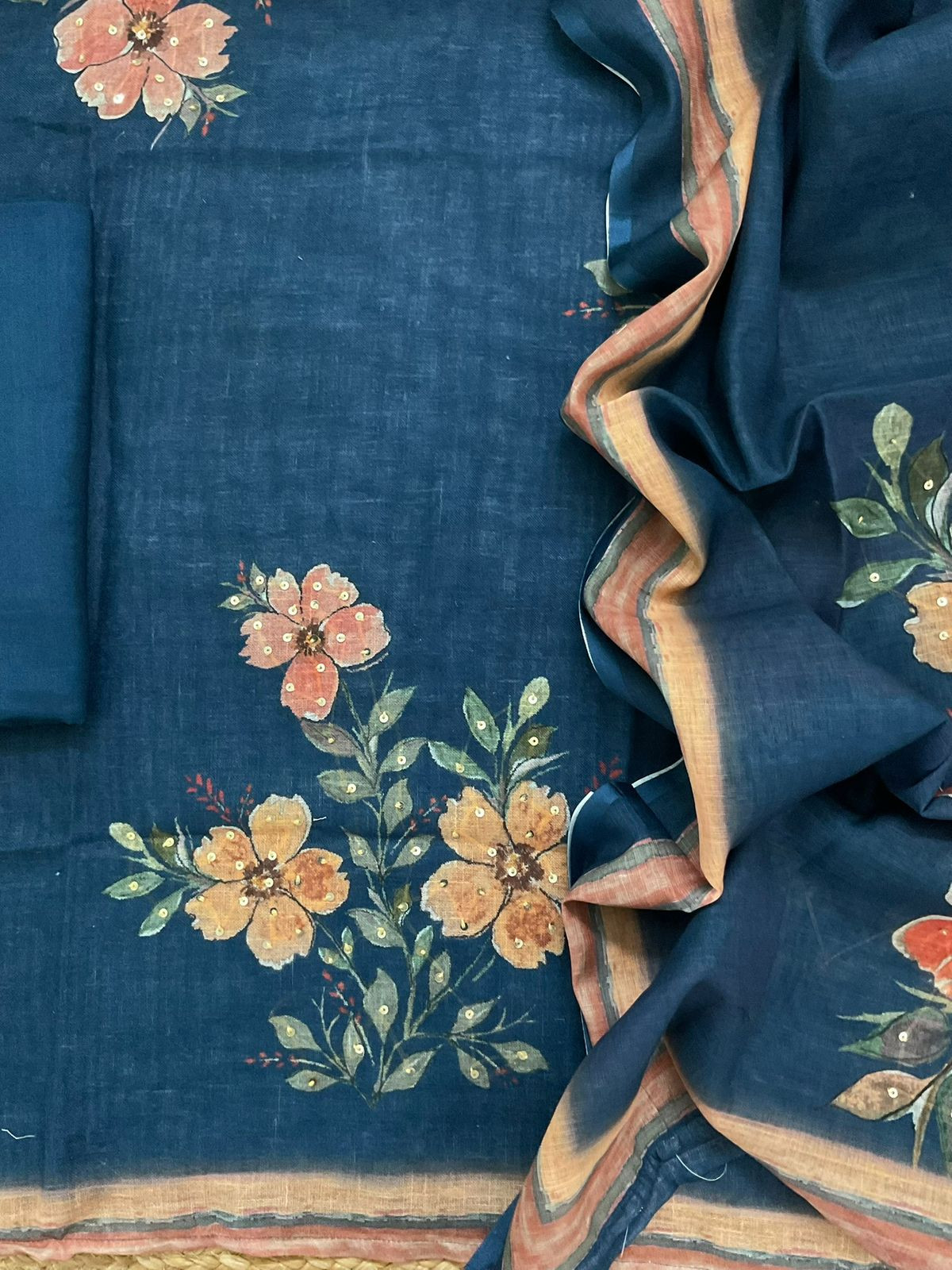 Soft Linen Jute Cotton Printed Embroidered Suit - Blue