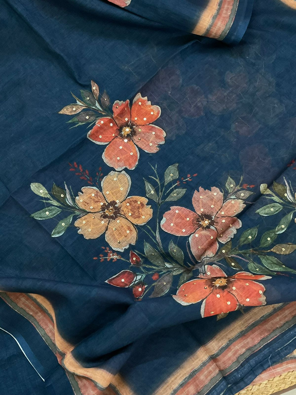 Soft Linen Jute Cotton Printed Embroidered Suit - Blue