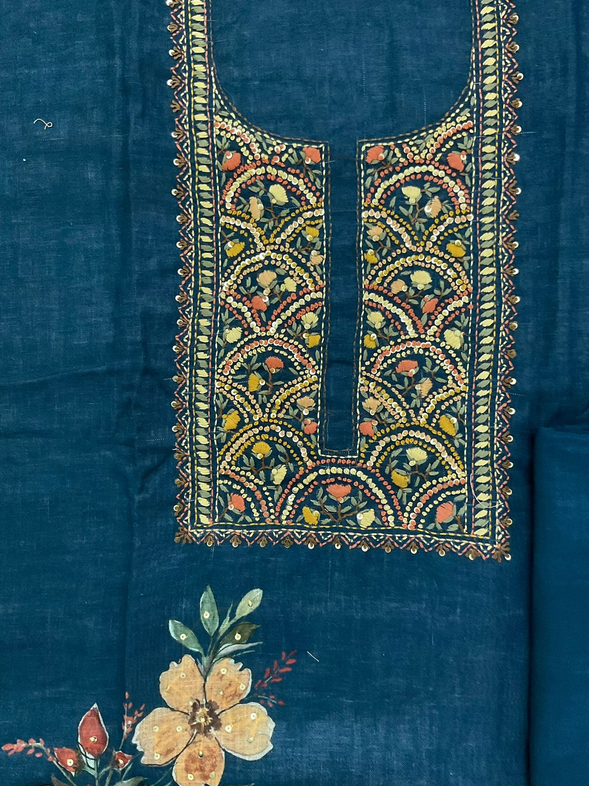 Soft Linen Jute Cotton Printed Embroidered Suit - Blue
