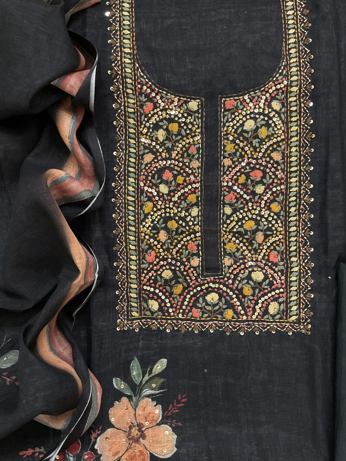 Soft Linen Jute Cotton Printed Embroidered Suit - Black