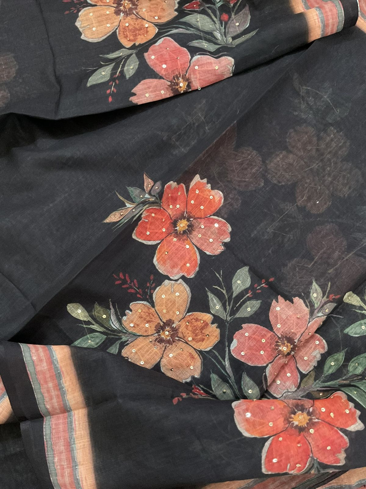 Soft Linen Jute Cotton Printed Embroidered Suit - Black