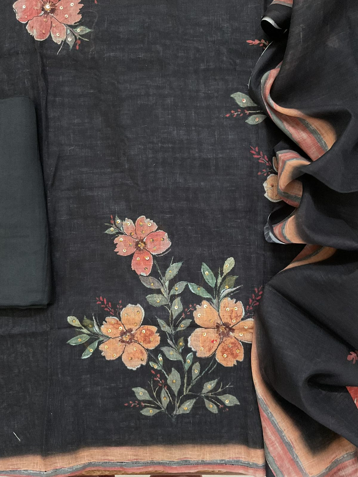 Soft Linen Jute Cotton Printed Embroidered Suit - Black