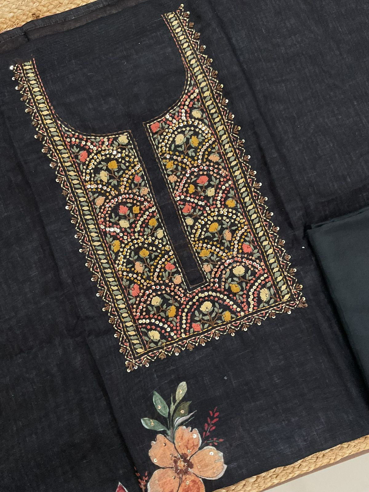 Soft Linen Jute Cotton Printed Embroidered Suit - Black