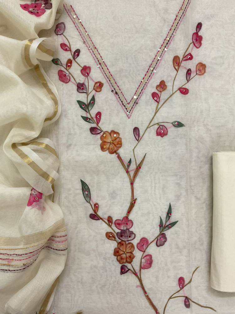 Image of Soft Chanderi Brush Painted Embroidered Suit - Off White