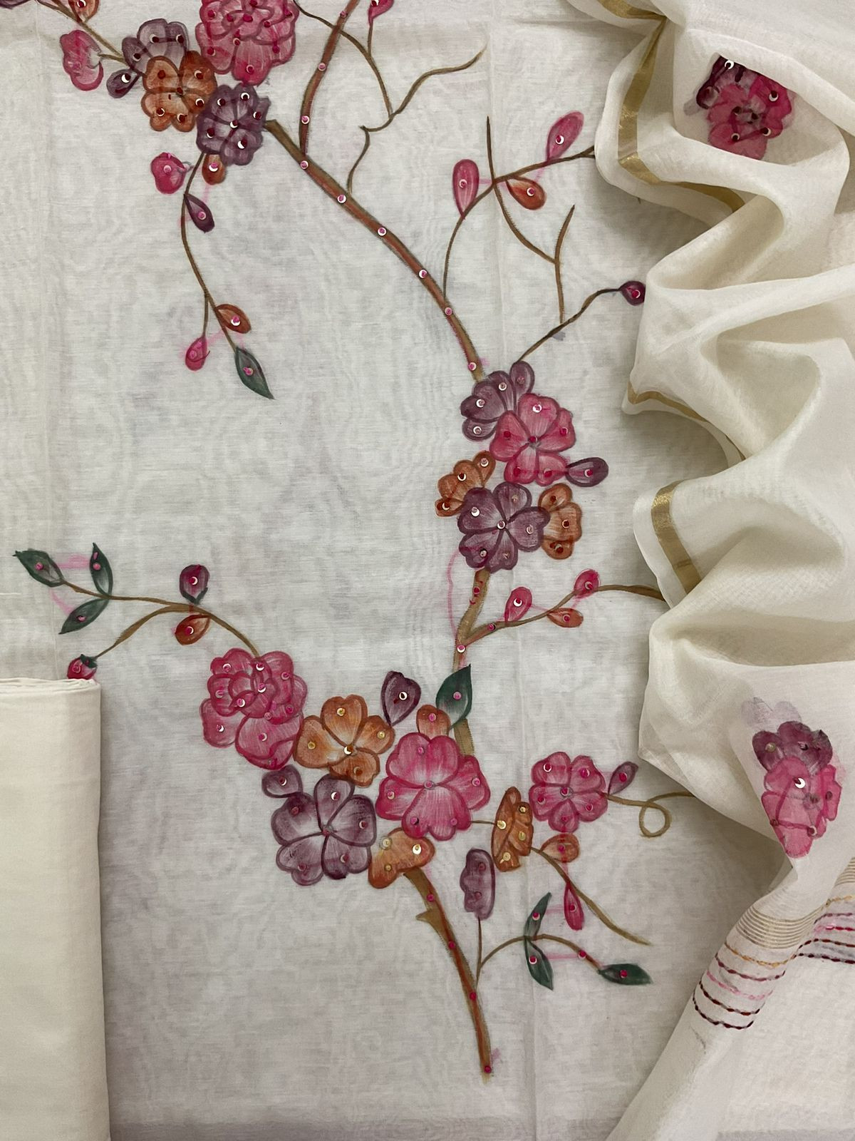 Soft Chanderi Brush Painted Embroidered Suit - Off White