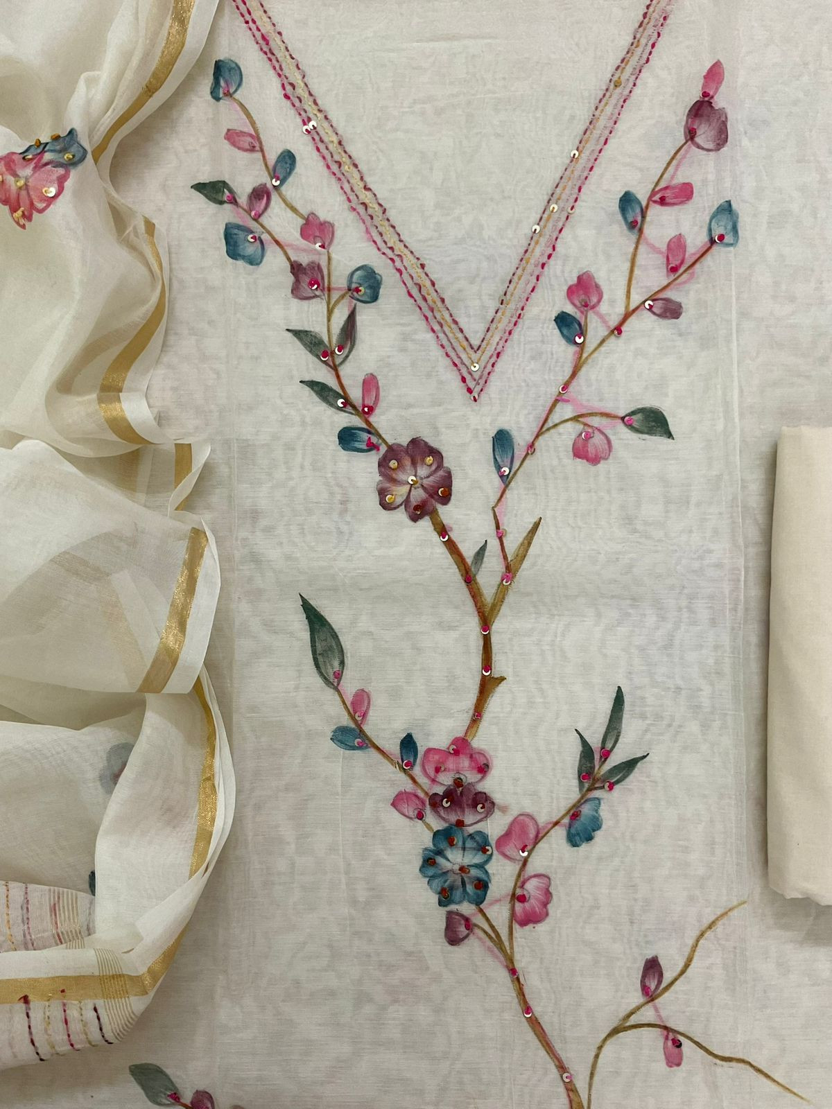 Soft Chanderi Brush Painted Embroidered Suit - Off White