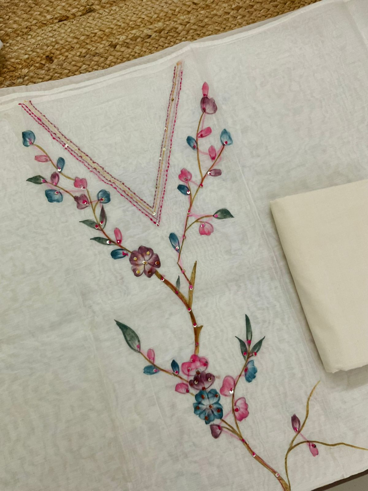 Soft Chanderi Brush Painted Embroidered Suit - Off White