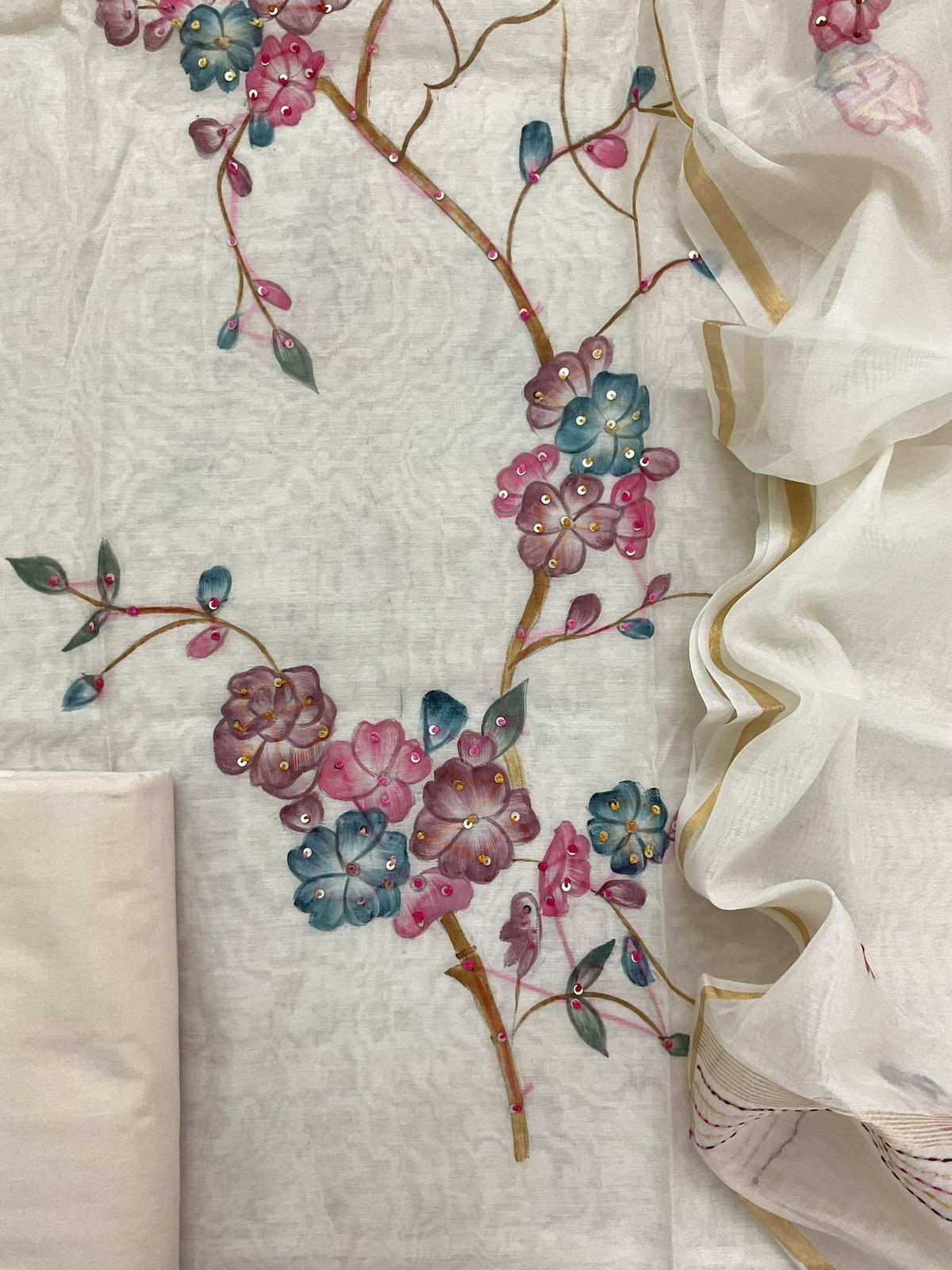 Soft Chanderi Brush Painted Embroidered Suit - Off White
