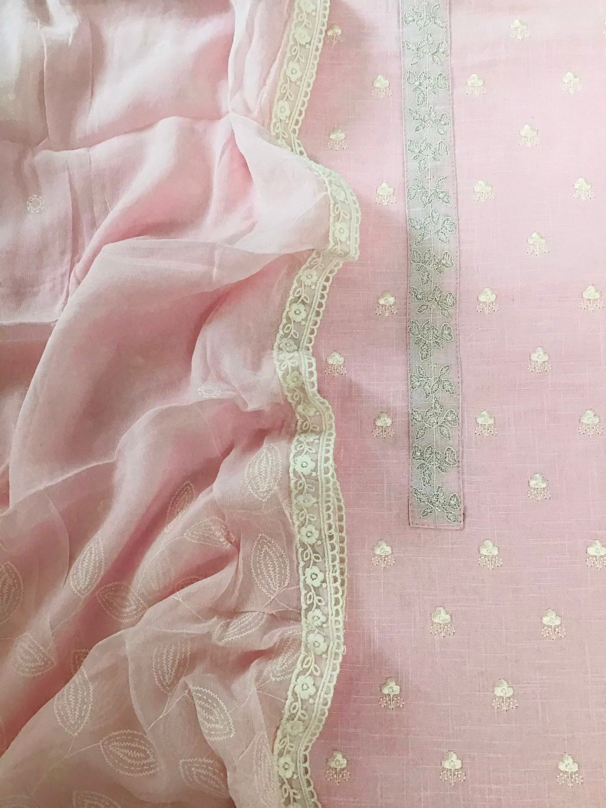 Soft Linen Jute Cotton Printed Embroidered Suit - Pink