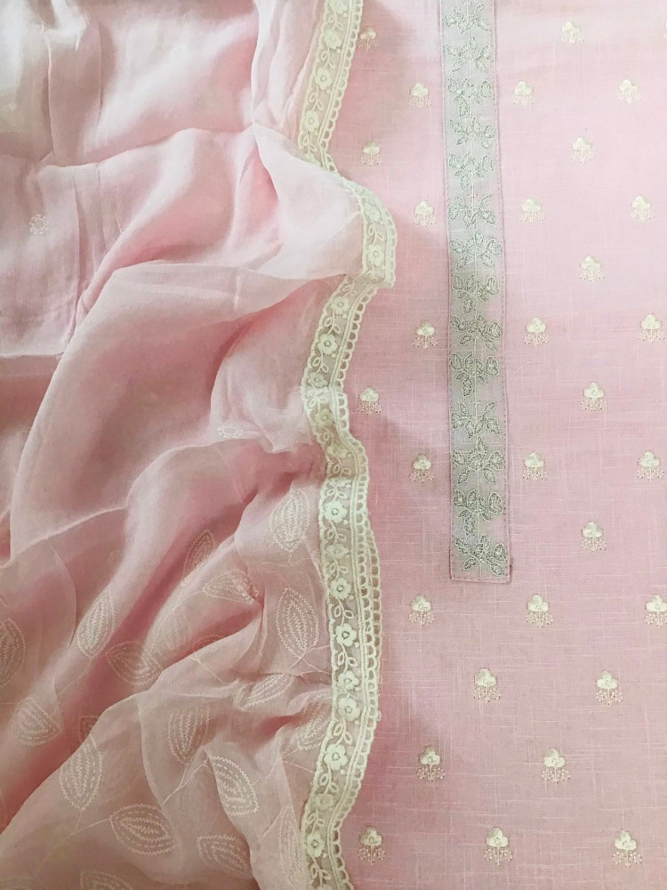 Image of Soft Linen Jute Cotton Printed Embroidered Suit - Pink