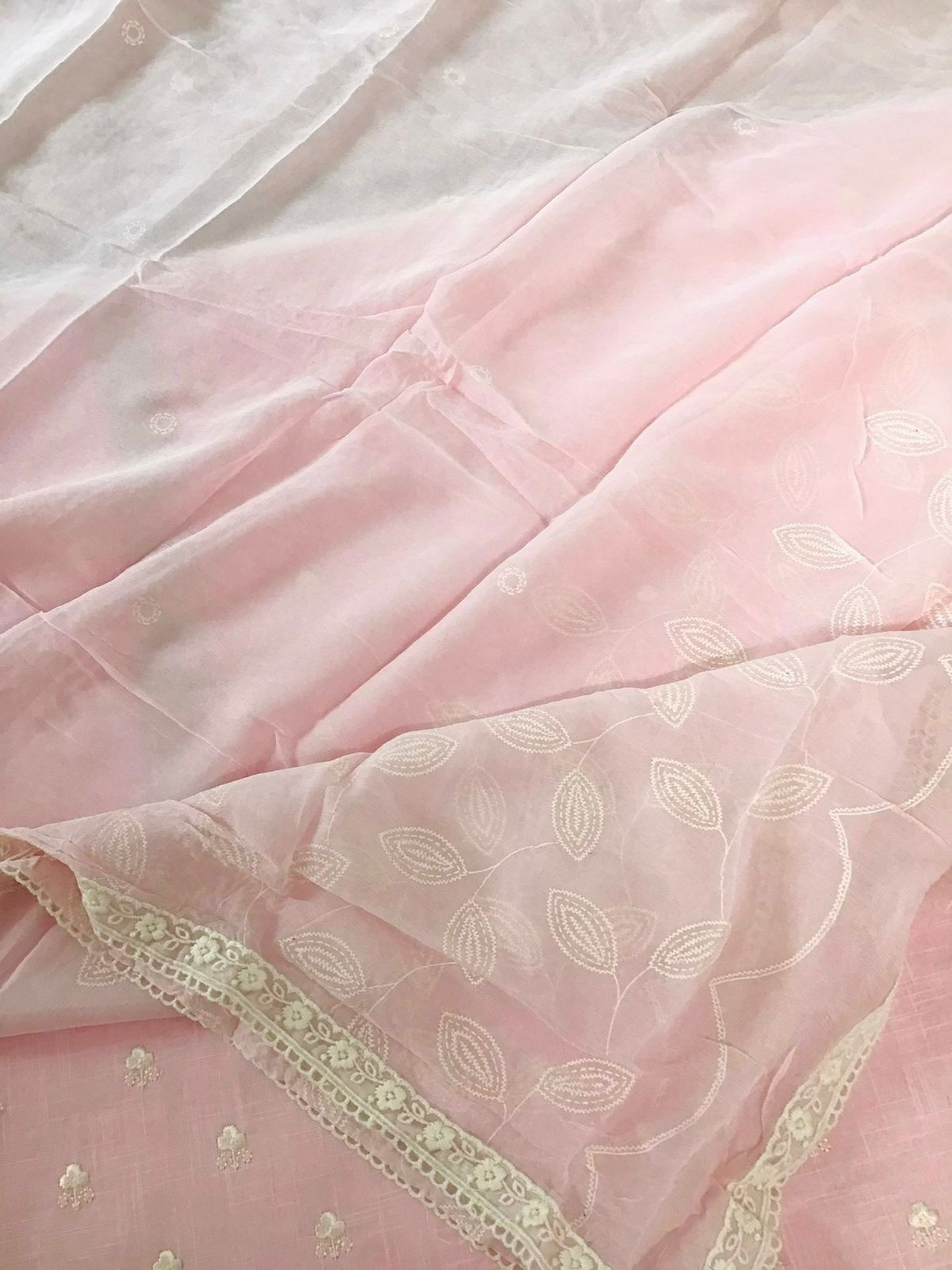 Soft Linen Jute Cotton Printed Embroidered Suit - Pink