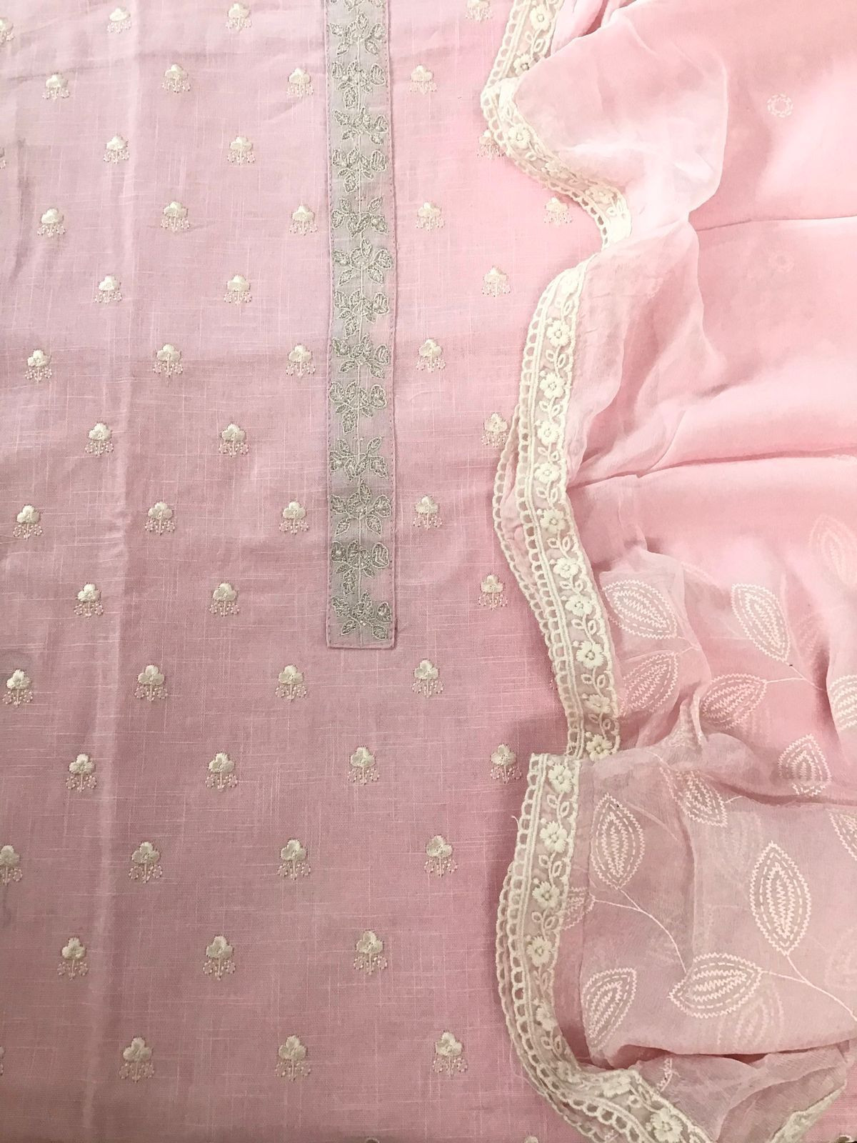 Soft Linen Jute Cotton Printed Embroidered Suit - Pink