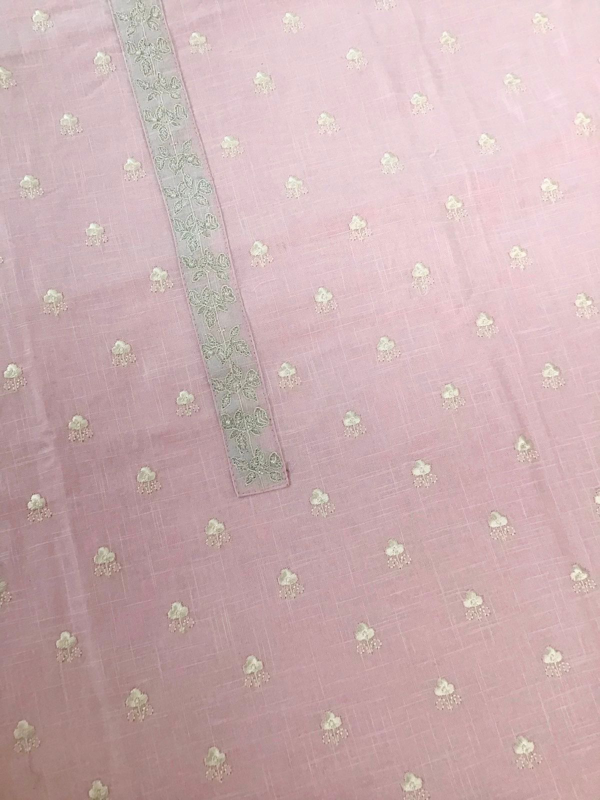 Soft Linen Jute Cotton Printed Embroidered Suit - Pink