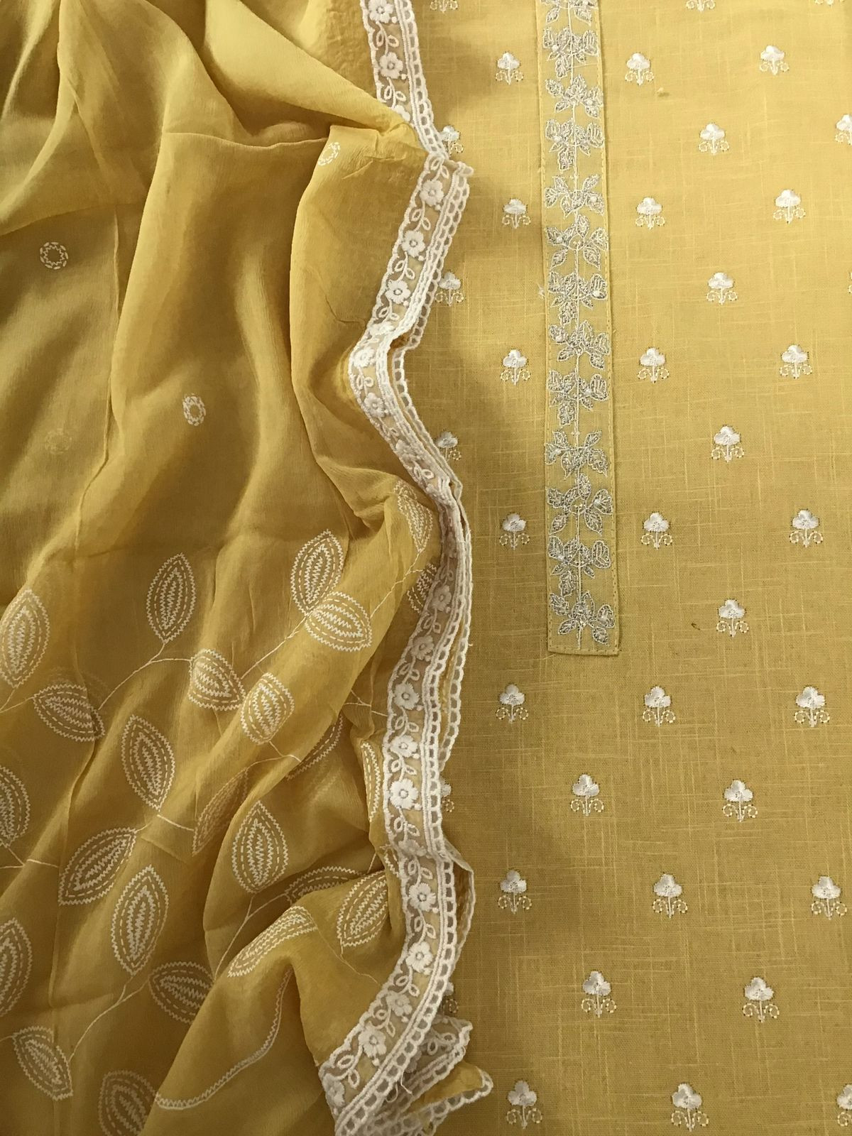 Soft Linen Jute Cotton Printed Embroidered Suit - Yellow