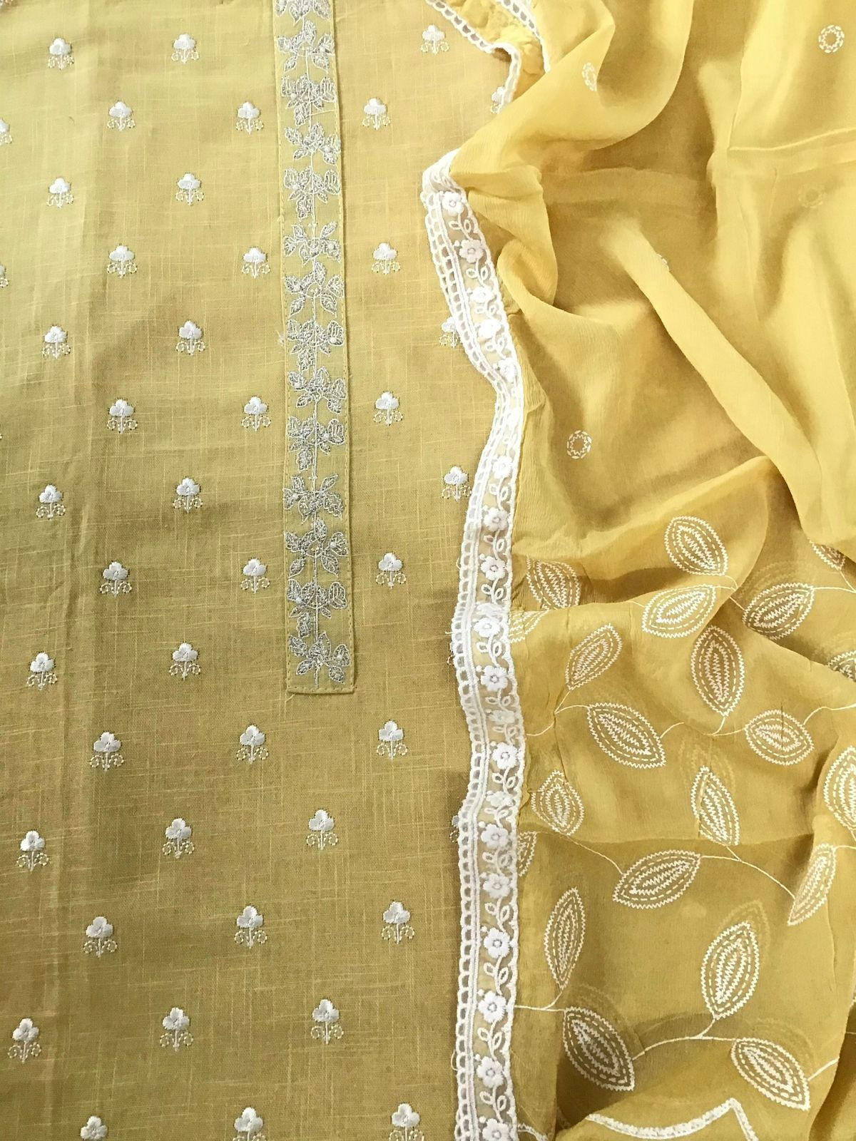 Soft Linen Jute Cotton Printed Embroidered Suit - Yellow