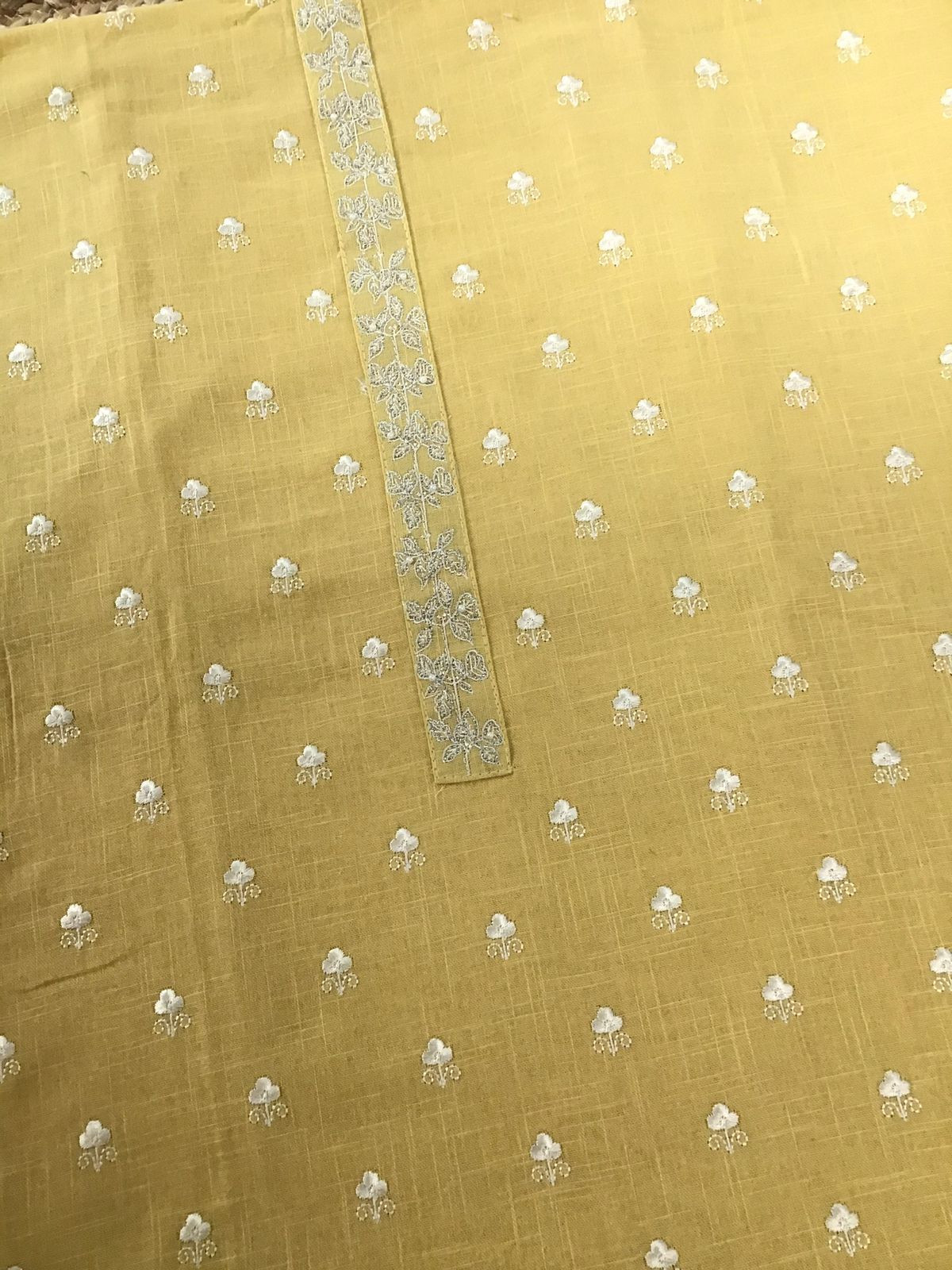 Soft Linen Jute Cotton Printed Embroidered Suit - Yellow