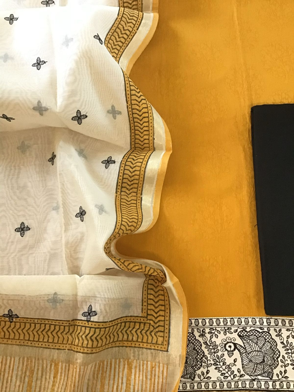 Soft Cotton Silk Self Weaved Printed Embroidered Suit - Yellow