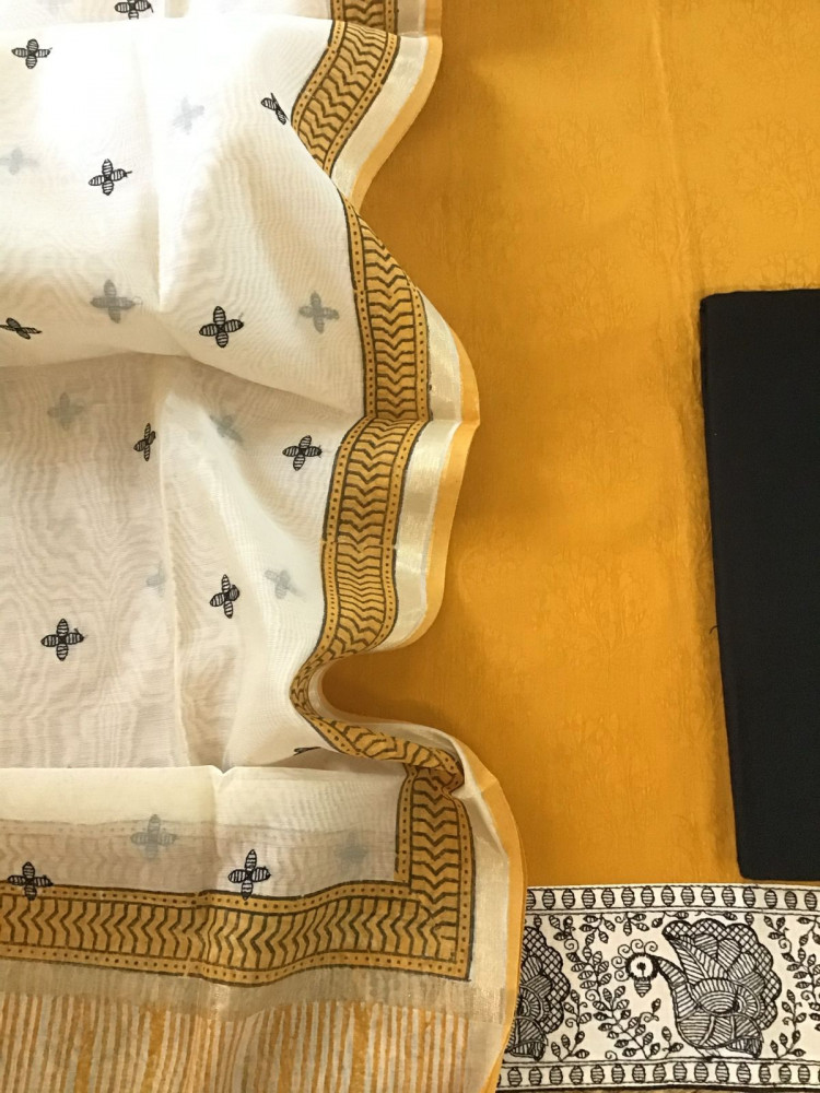 Image of Soft Cotton Silk Self Weaved Printed Embroidered Suit - Yellow