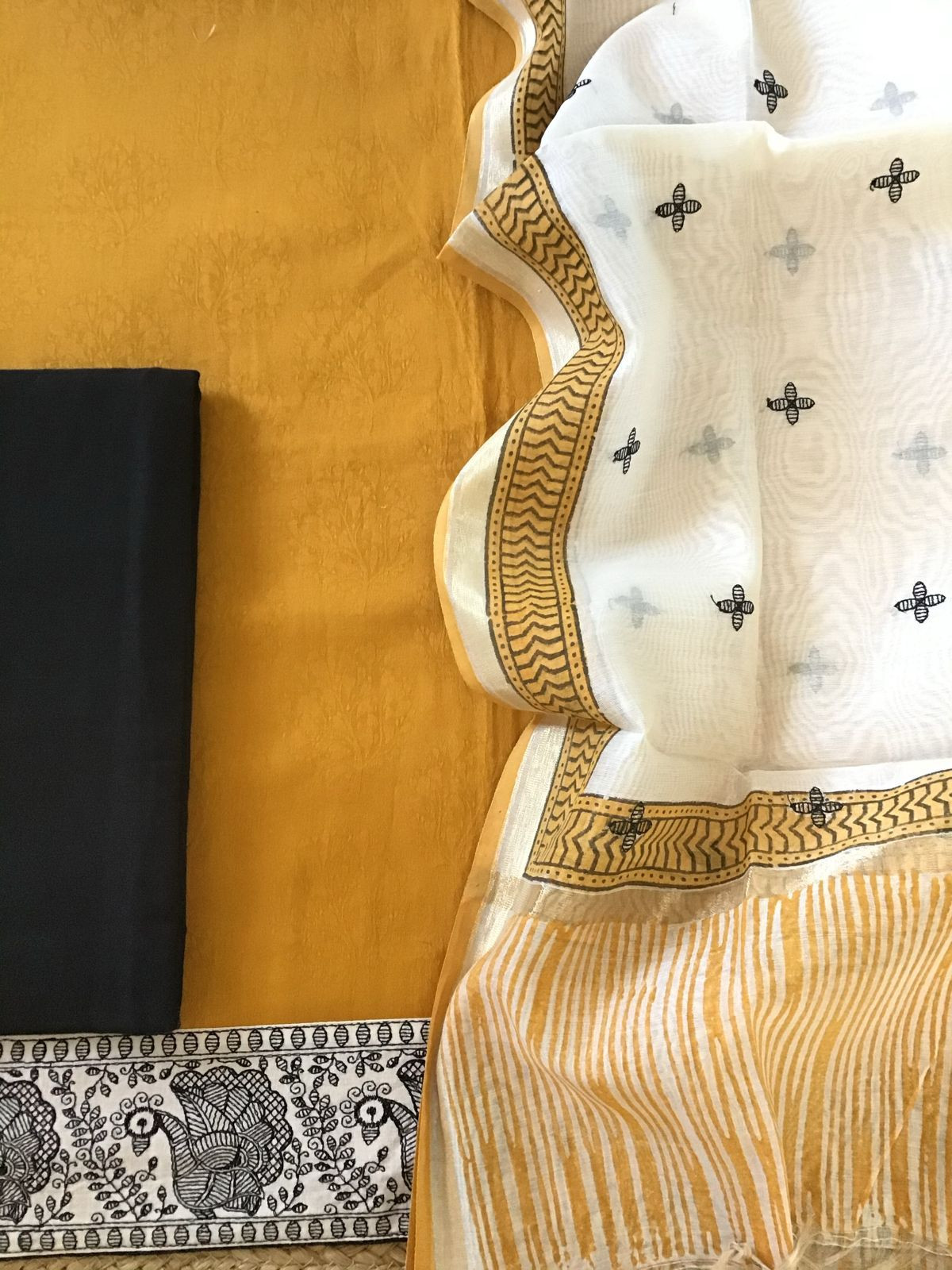 Soft Cotton Silk Self Weaved Printed Embroidered Suit - Yellow