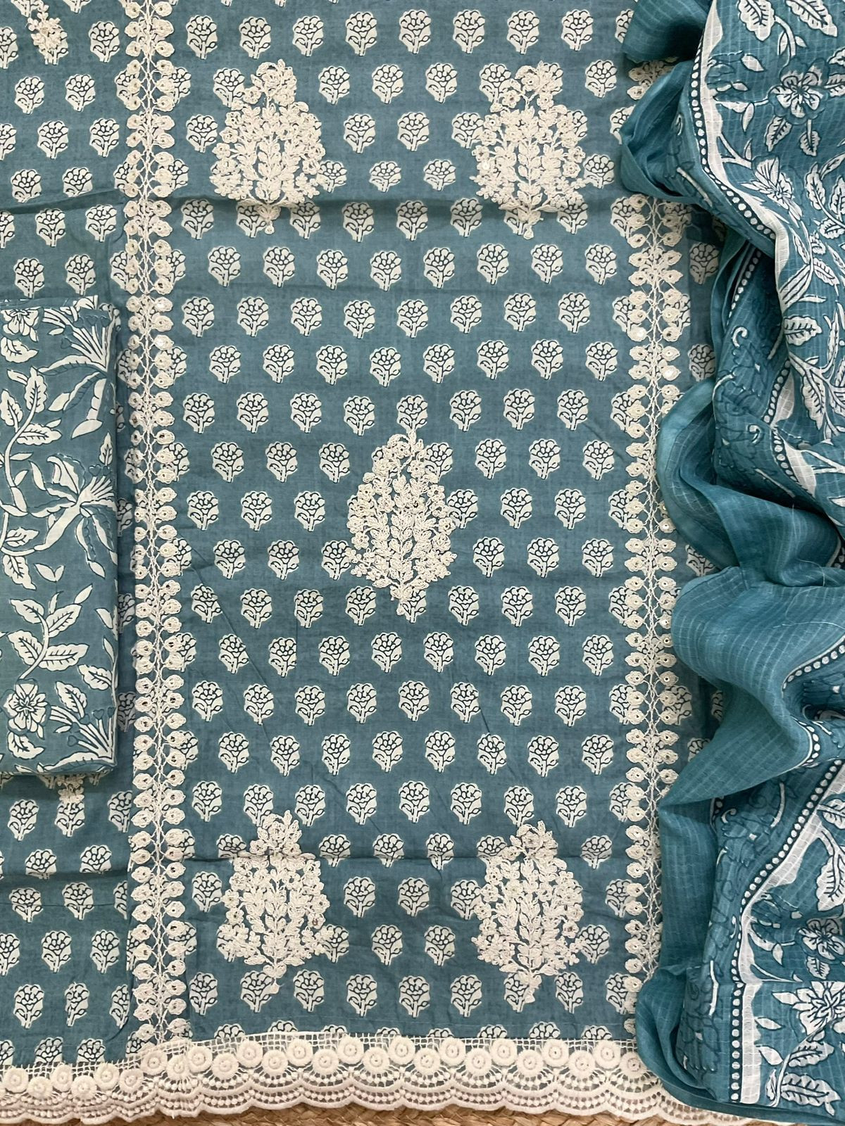 Pure Cotton Printed Embroidered Suit - Blue