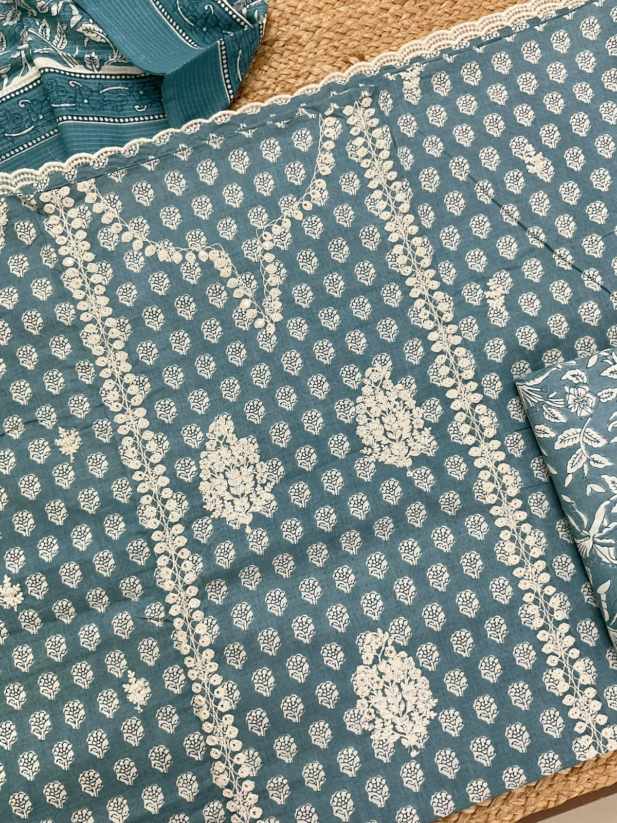 Pure Cotton Printed Embroidered Suit - Blue