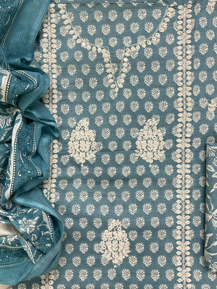 Image of Pure Cotton Printed Embroidered Suit - Blue