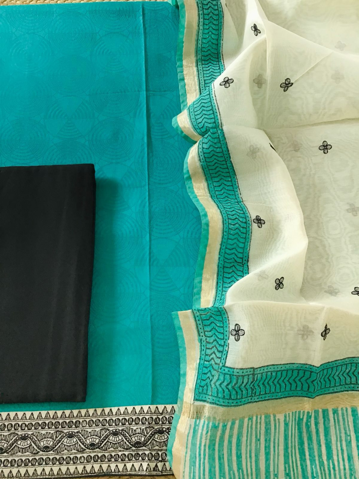 Soft Cotton Silk Self Weaved Printed Embroidered Suit - Green