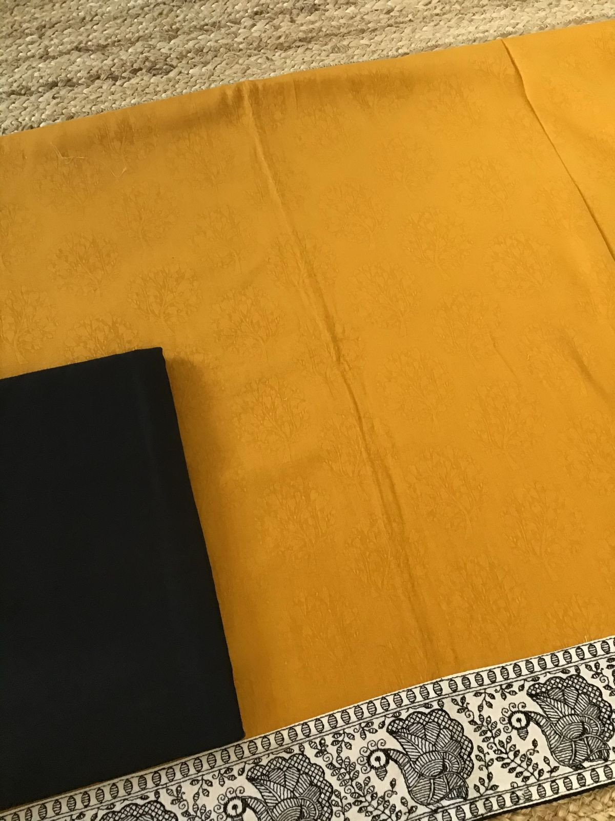 Soft Cotton Silk Self Weaved Printed Embroidered Suit - Yellow