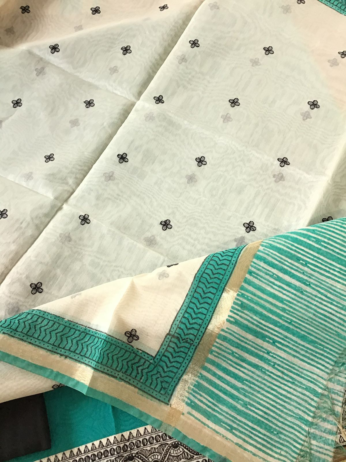 Soft Cotton Silk Self Weaved Printed Embroidered Suit - Green