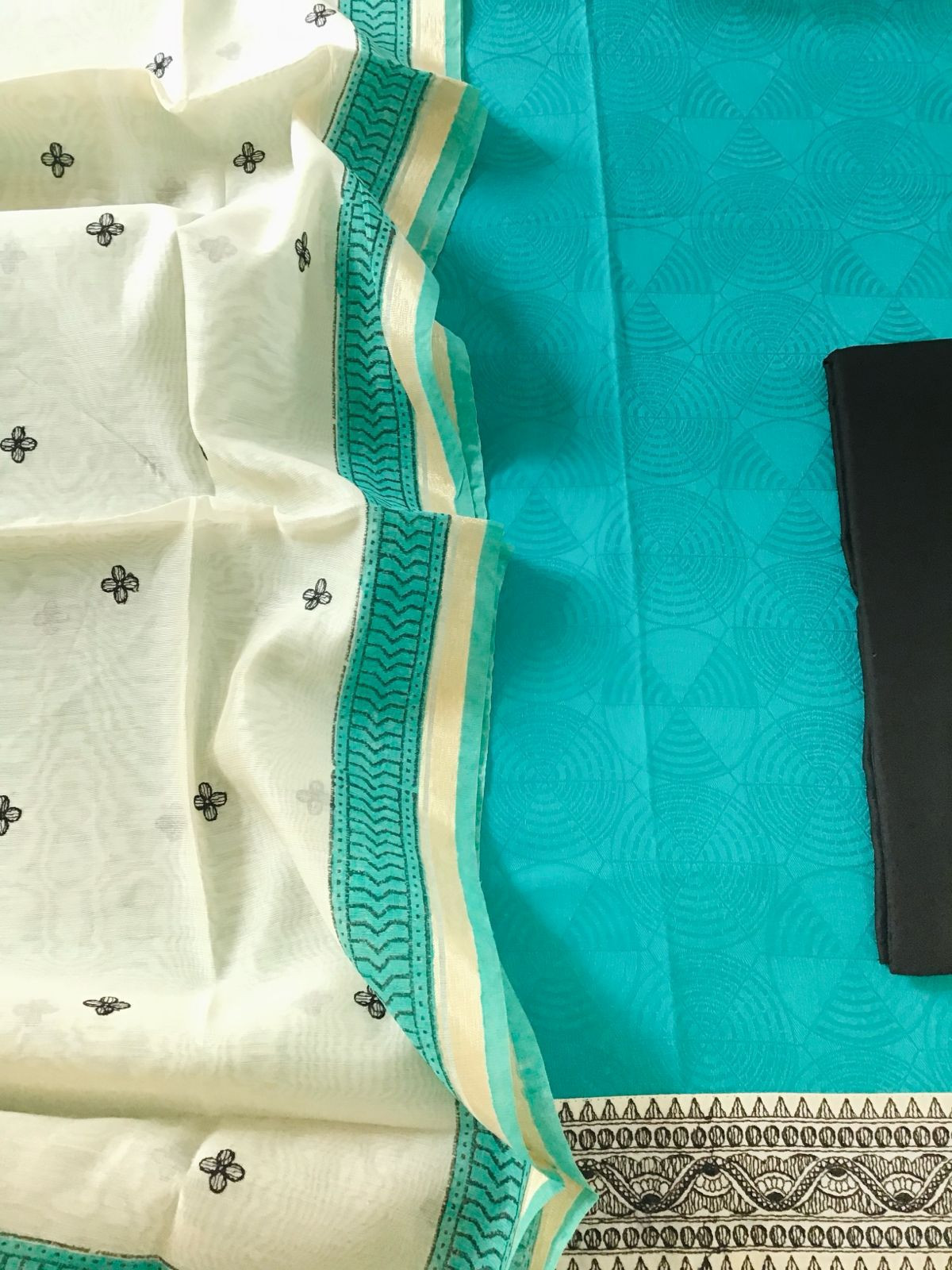 Soft Cotton Silk Self Weaved Printed Embroidered Suit - Green