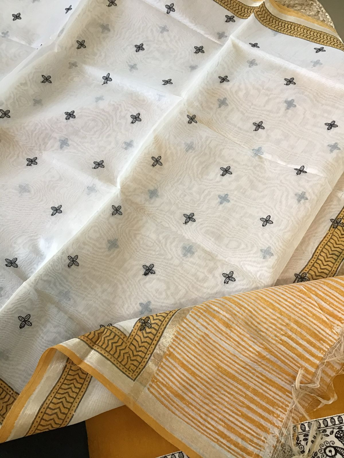 Soft Cotton Silk Self Weaved Printed Embroidered Suit - Yellow