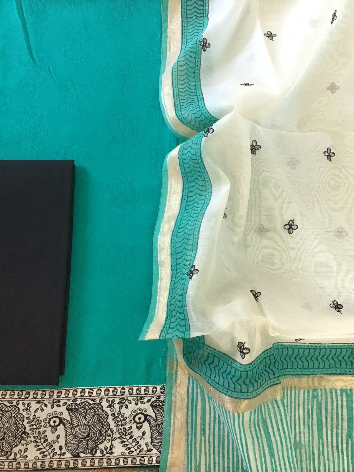 Soft Cotton Silk Self Weaved Printed Embroidered Suit - Green