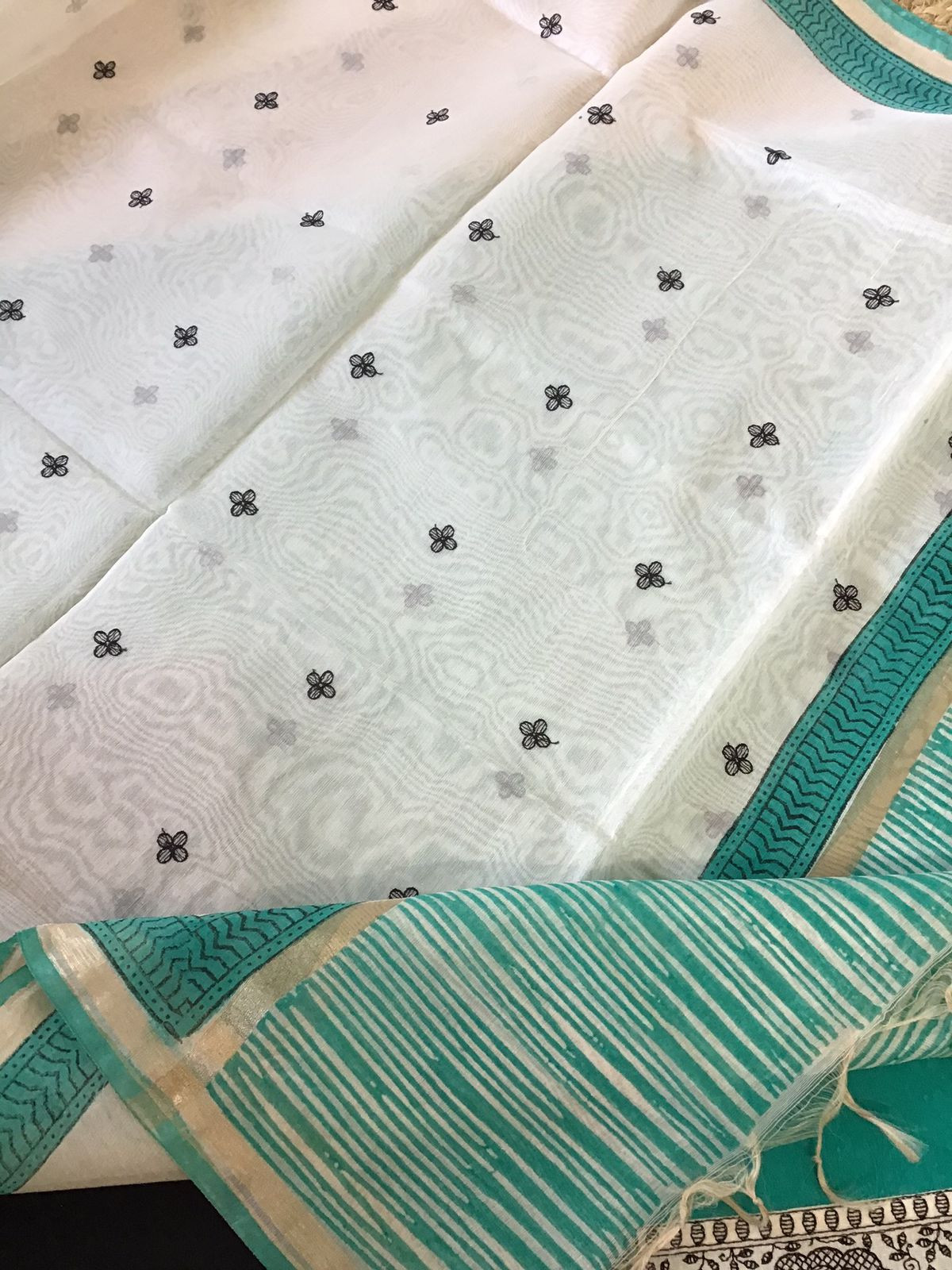 Soft Cotton Silk Self Weaved Printed Embroidered Suit - Green