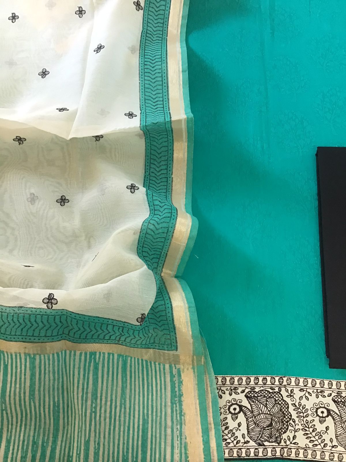 Soft Cotton Silk Self Weaved Printed Embroidered Suit - Green