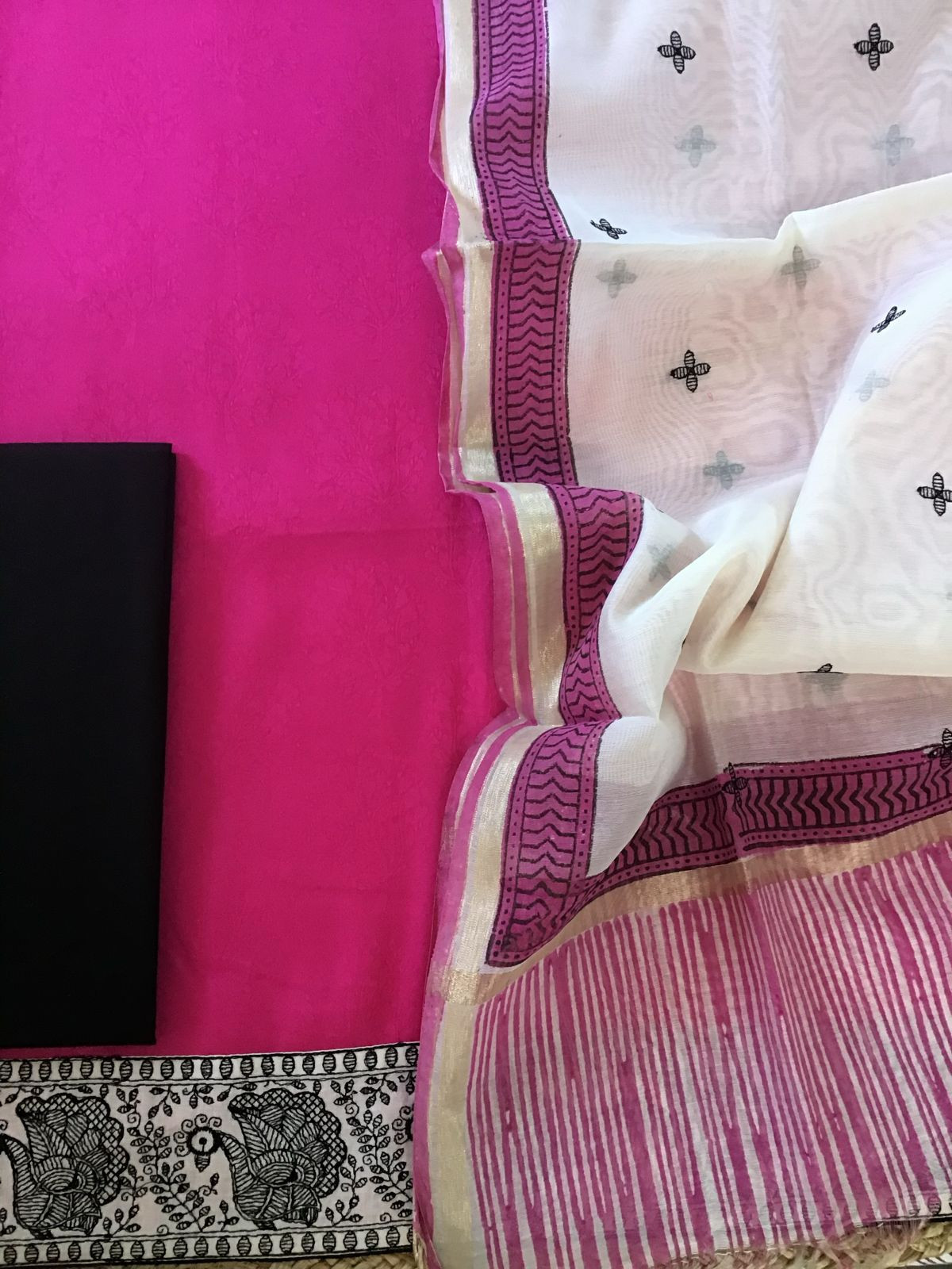 Soft Cotton Silk Self Weaved Printed Embroidered Suit - Pink