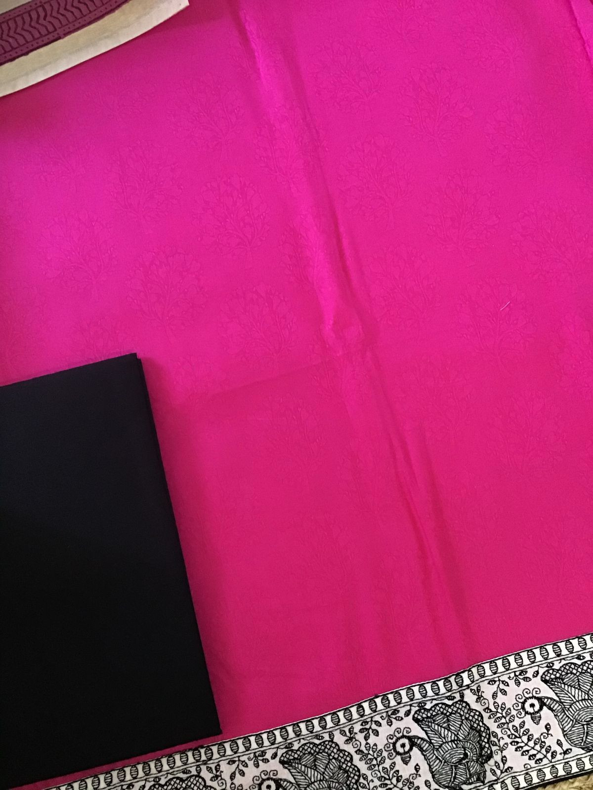 Soft Cotton Silk Self Weaved Printed Embroidered Suit - Pink