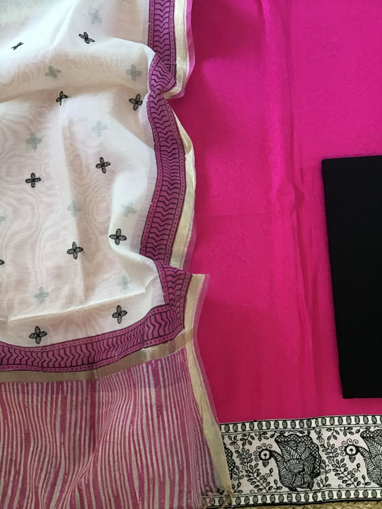 Image of Soft Cotton Silk Self Weaved Printed Embroidered Suit - Pink