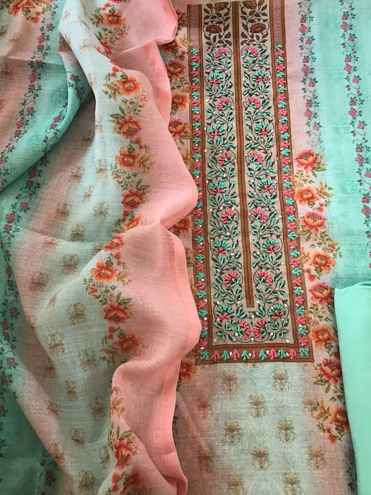 Soft Linen Jute Cotton Printed Embroidered Suit - Sea Green