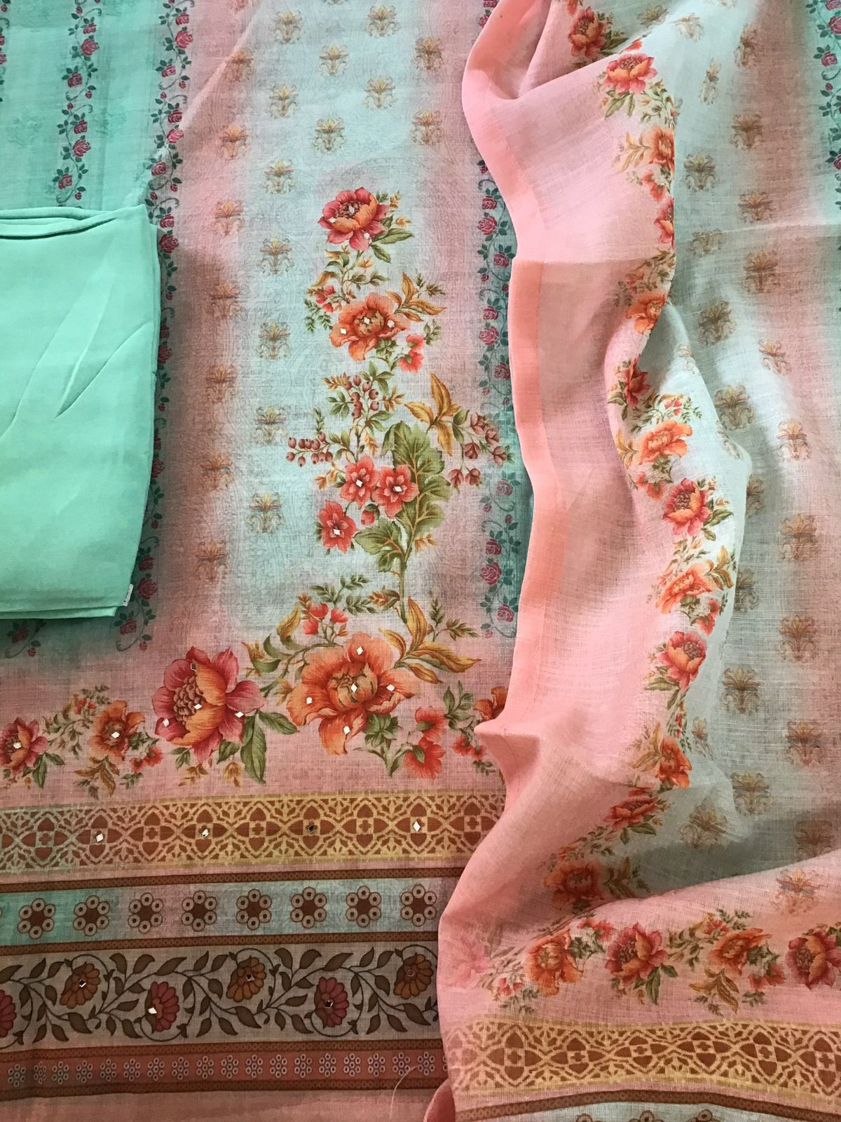 Soft Linen Jute Cotton Printed Embroidered Suit - Sea Green