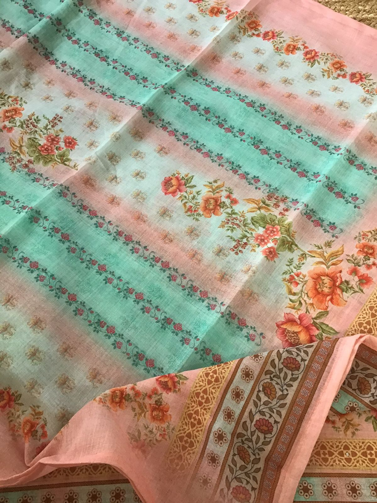 Soft Linen Jute Cotton Printed Embroidered Suit - Sea Green